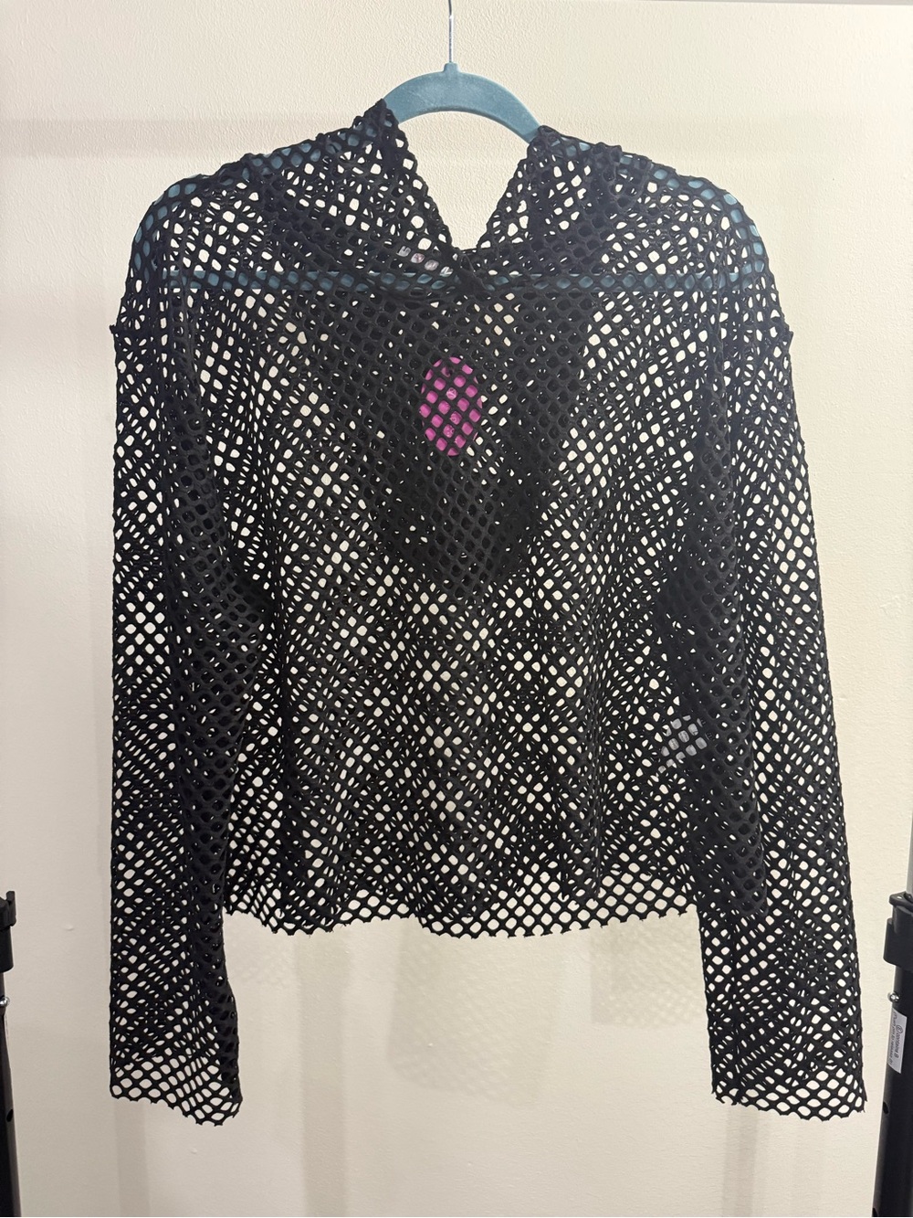Women's Black Open-Knit Hooded Mesh Pullover